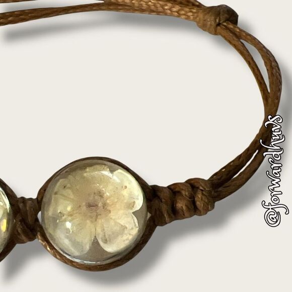 Bundle Sale 3 for $15 | Leather Adjustable Bracelet with Glass-Encased Flowers - Picture 6 of 8